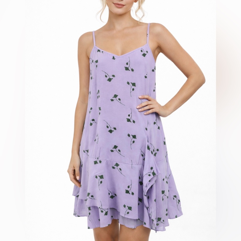 Thakoon Collective Purple/Green Leaf Floral Print Tiered Slip Dress Size 12
